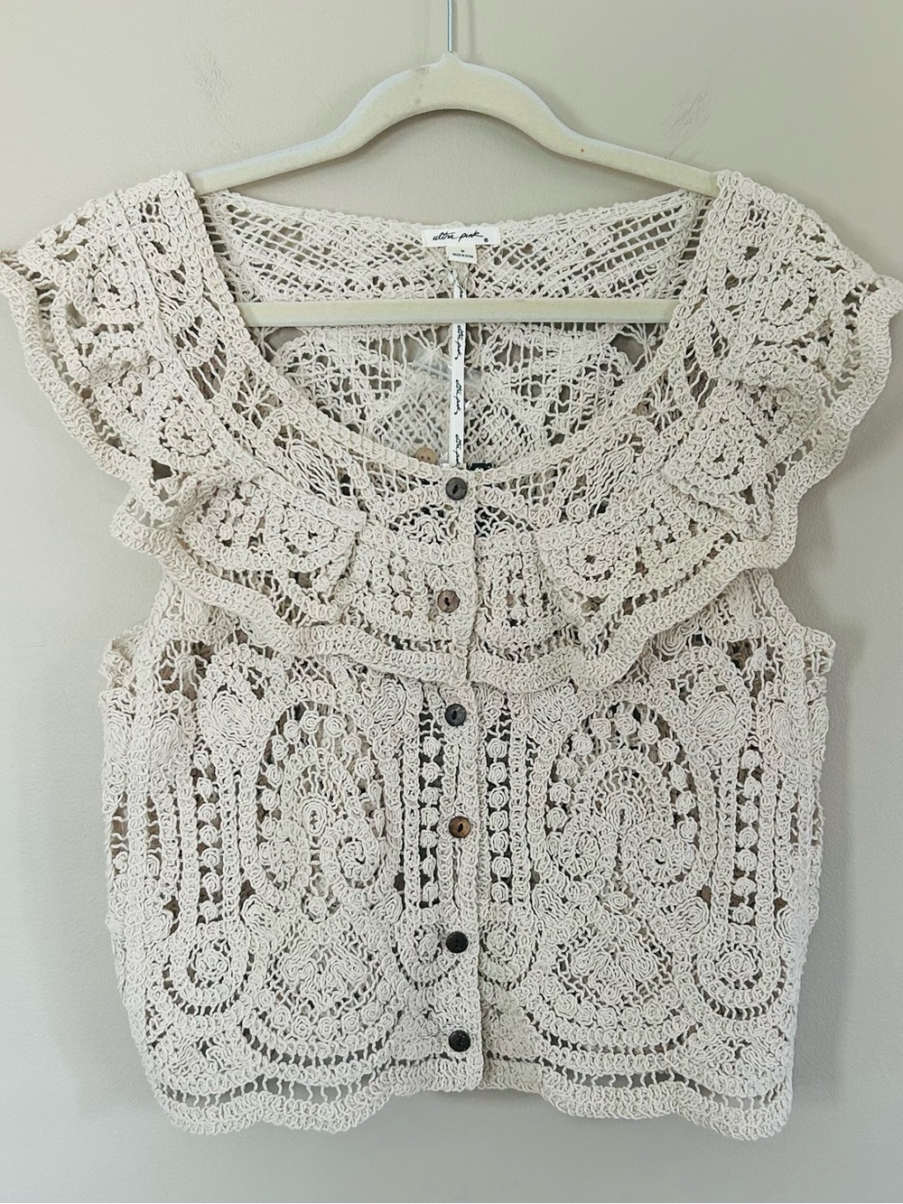 NWT Ultra Pink Cream Crochet Lace Button-Front Top-100% Cotton